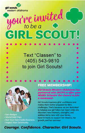 Girl Scout Invitation Flyer.  Text Classen to 405-543-9810 to join Girl Scouts  
